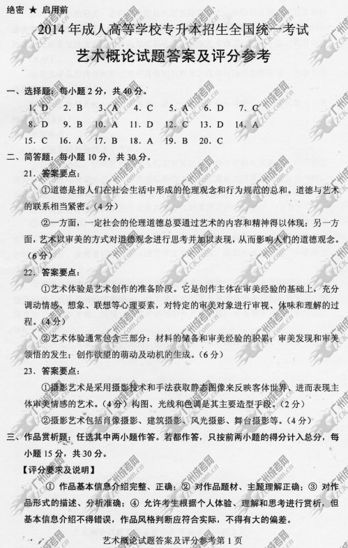 河南省成人高考2014年统一考试专升本艺术概论真题B卷参考答案