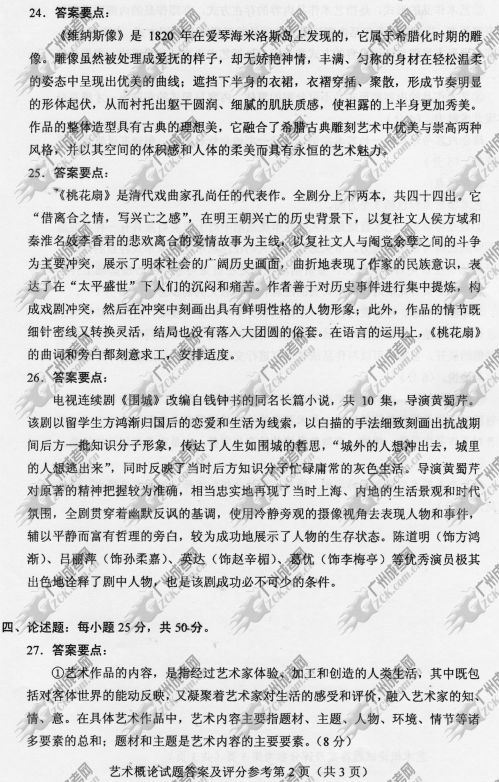 河南省成人高考2014年统一考试专升本艺术概论真题B卷参考答案