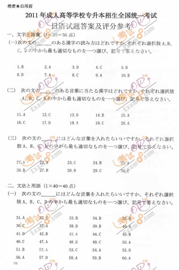 2011成人高考专升本《日语》试题及答案